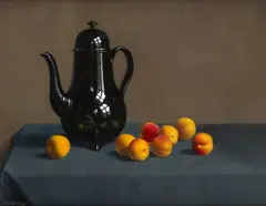 Still life with coffee pot and apricots on a table Signed and by Willem Dolphyn, Oil on board, sold May 2021