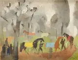 The parade ring at Longchamp Signed and dated Ruiz Pipó 62 by Manolo Ruiz Pipó, Oil on canvas, sold May 2021