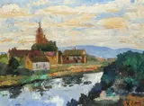 A village by a river Signed Oil by S. Close, Oil on board, sold May 2021