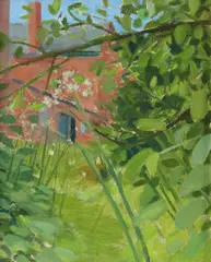 Cow parsley and farm buildings Oil by Norman Stevens, Oil on board, offered May 2021