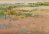 Landscape with Walberswick in the distance Signed L by Lionel Bulmer, Oil on board, offered May 2021
