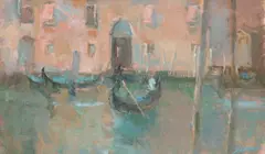 Venetian canal with gondolas Signed Yeoman by Martin Yeoman, Oil on canvasboard, sold May 2021