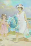 Mother and daughter on the beach Signed CASALLONI by Giuseppe Casalloni, Oil on canvas, offered May 2021