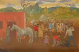 Landscape with villagers and horses Signed and dated by Grégoire Michonze, Oil on board, sold May 2021
