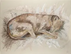Sleeping whippet Signed with initials ML by Max Leuchars, Mixed media on canvas, sold May 2021