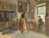 A mother and two children in a kitchen by John Rennie McKenzie Houston, watercolour, sold May 2021