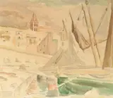 Boats by the quay Watercolour and by Bernard Adeney, Watercolour and pencil, sold May 2021