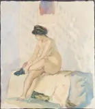Female nude putting on a stocking by Aleksandr Shevchenko, Watercolour and pencil, offered May 2021