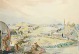 Soldiers wrestling near an army barracks Signed with monogram and by Ray Howard-Jones, 1943, Watercolour and bodycolour over pencil, sold May 2021