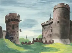 View of a castle Signed and dated Barbara Jones '53 Watercolour and by Barbara Jones, Watercolour and bodycolour, sold May 2021