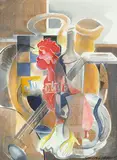 Cubist still life with chicken Signed Sandra Lawrence 87 by Sandra Lawrence, Watercolour, bodycolour and chalk, sold May 2021