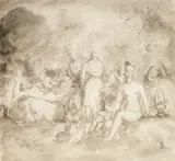 Figures in a parkland Signed with initials HHR by Harold Hope Read, Pen and ink, and wash, sold May 2021