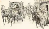 Anne Boyleyn being driven through the crowd Signed FMatania by Fortunino Matania, Pencil, pen and ink, and wash, sold May 2021
