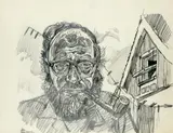 Self portrait whilst smoking a pipe Signed by John Bratby, Pencil, sold May 2021