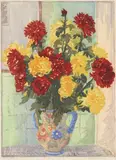 Still life with chrysanthemums Signed and inscribed Chrysanthemums Edgar by Edgar Holloway, Woodcut in colours, with hand-colouring, sold May 2021