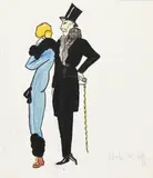 Woman in a Blue Dress with a Gentleman in a Top Hat by Dorte Clara Dodo Burgner, ink and gouache, sold Oct 2020