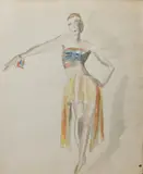 Woman in a chequered top and orange dress by Dorte Clara Dodo Burgner, pencil and gouache on paper, sold Oct 2020