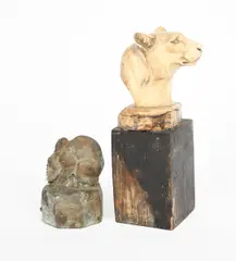 Bust of a Lion patinated plaster on ebonised wood plinth by Donald Gilbert, bronze, sold Oct 2020