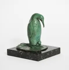 Penguin with young verdi gris bronze on polished marble base by David Cornell, bronze, sold Oct 2020