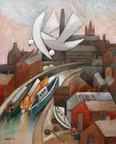 Birds over marina by Jiri Borsky, acrylic on board,, sold Nov 2014