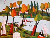 A lady and a harlequin engaged in various leisure pursuits on a riverbank by Harold Bilson, oil on canvas, offered Nov 2014