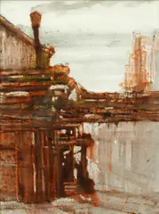 A view of Stevenson's workshop by Harold Riley, ink, oil and wax, offered Nov 2014