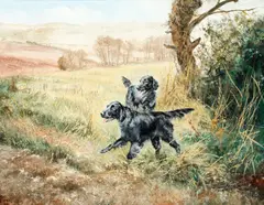 Two black retrievers in a landscape by Henry Wilkinson, oil on canvas, sold Nov 2014