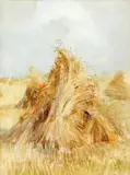 Hay stacked; and Hay cutting by Heywood Hardy, watercolour and bodycolour, sold Nov 2014
