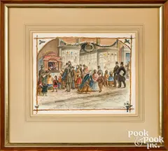 illustration of a bustling Christmas time street scene from Take Joy! The Tasha Tudor Christmas Book by Tasha Tudor, watercolor and gouache, sold Oct 2022
