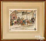 illustration of a bustling Christmas time street scene from Take Joy! The Tasha Tudor Christmas Book by Tasha Tudor, watercolor and gouache, sold Oct 2022