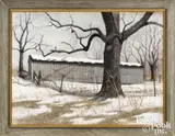 winter landscape with a corn crib by Barclay Rubincam, pastel, sold Oct 2022