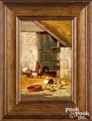barnyard with chickens and ducks by John Henry Dolph, oil on panel, sold Oct 2022