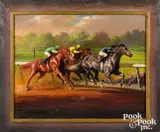 horse race of the Marlboro Cup Belmont New York by Helen Hayse, oil on canvas, sold Oct 2022