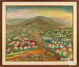 on burlap landscape by Corinne Mitchell, oil, sold Oct 2022