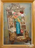 still life of a flower vase on a chair by Herman Rose, oil on canvas, offered Oct 2022