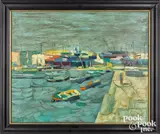 impressionist harbor scene by Nicola Simbari, oil on canvas, sold Oct 2022