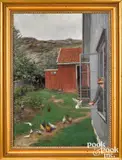 of a woman feeding chickens by Niles Gude, oil on panel, sold Oct 2022
