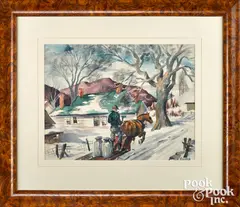 winter landscape by Paul Sample, watercolor, sold Oct 2022
