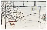 winter landscape of a view out a picture window by Hattie Klapp Brunner, watercolor and gouache, sold Oct 2022