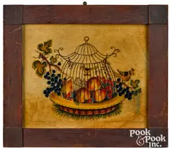 theorem of a bird cage with fruit by David Y. Ellinger, oil on velvet, sold Oct 2022