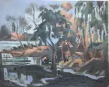 Japanese Footbridge Central Park (S.W. Corner Of The Lake In The 70's) by Frederick Childs, Oil on canvas, sold Mar 2023