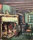 Interior Peasant Cottage by Frederick Childs, Oil on canvas, sold Apr 2023