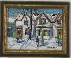 Neighbors, New Hope Bucks County, PA by Christopher G. Willett, Oil on board, sold Apr 2023