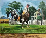 Whitehackle Crowing by Frederick Childs, Oil on canvas, sold May 2023