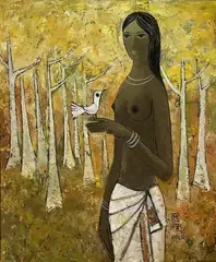 In the Woods by Bhagwan Kapoor, Oil on canvas, sold Aug 2023