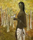 In the Woods by Bhagwan Kapoor, Oil on canvas, sold Aug 2023