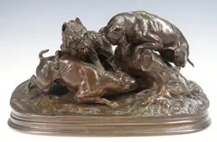 Untitled by Pierre-Jules Mêne, Bronze sculpture of hunting dogs pursuing prey at a burrow, sold Sep 2023