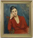 Rae in a red Dress by Ben Solowey, Oil on canvas, sold Sep 2023