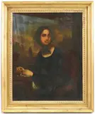 Rigolette Seeks to Distract Herself During the Absence of Germain by Joseph-Désiré Court, Oil on tin, sold Sep 2023