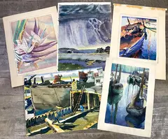 Gloucester Morning by Eleanor Beatrice Acker, Woodblock prints (3) and watercolors (2) signed and titled "Gloucester Morning" and "White Bird of Paradise", sold Sep 2023